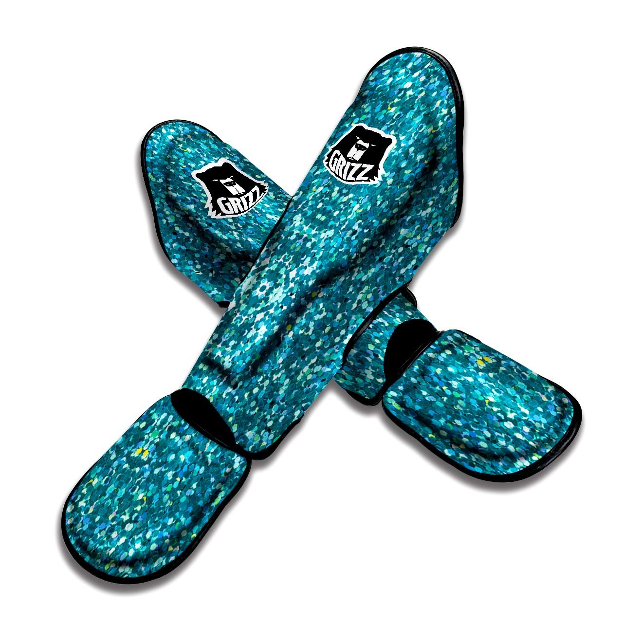 Artwork Teal Glitter Print Pattern Muay Thai Shin Guards-grizzshop