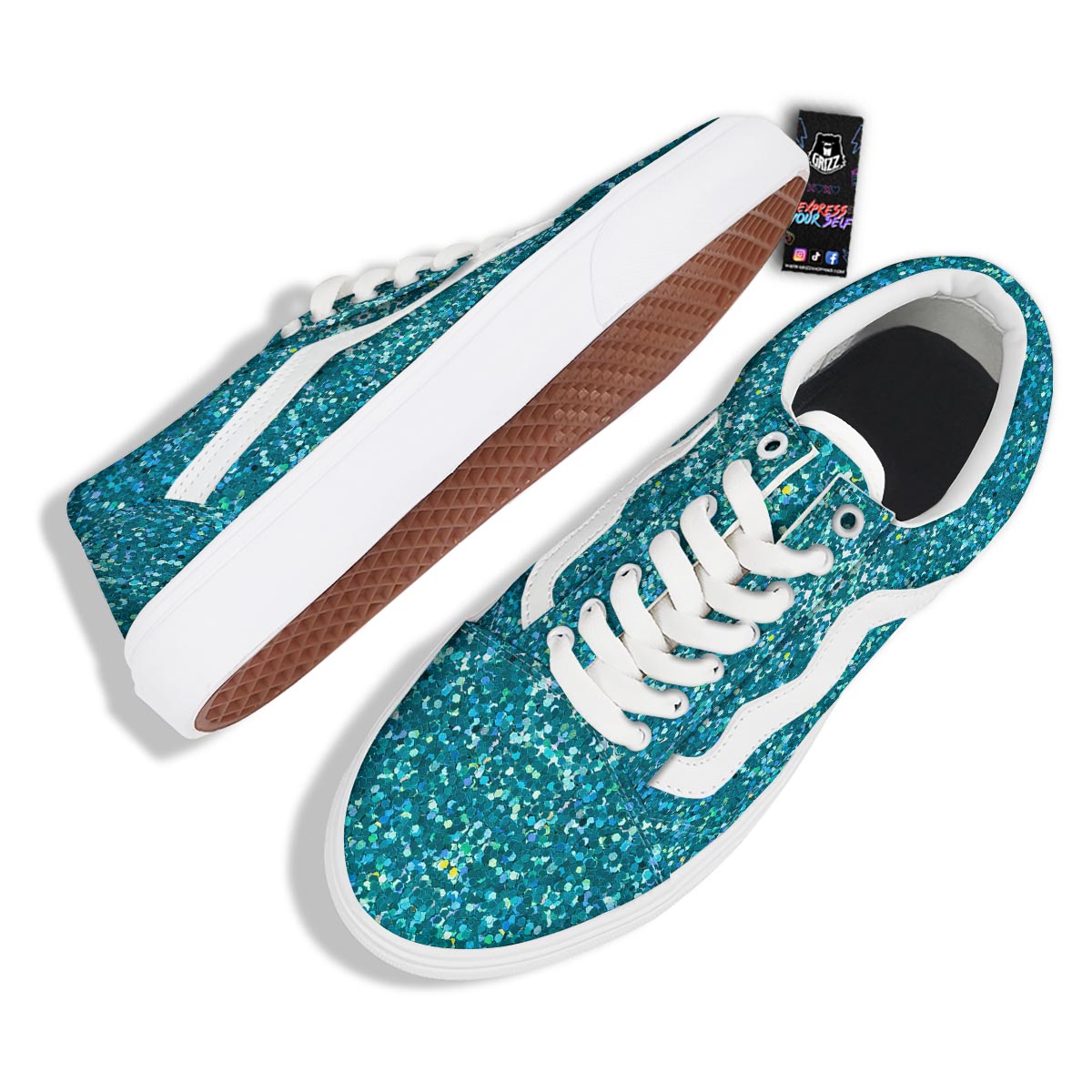 Artwork Teal Glitter Print Pattern Skate Shoes-grizzshop