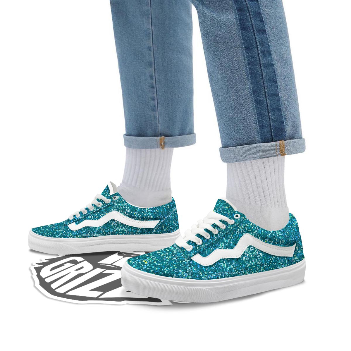 Artwork Teal Glitter Print Pattern Skate Shoes-grizzshop