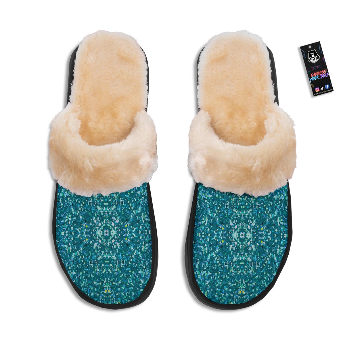 Artwork Teal Glitter Print Pattern Slippers-grizzshop