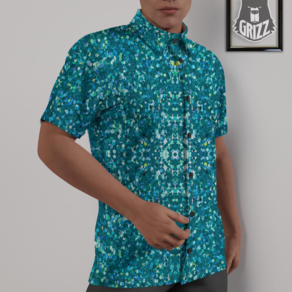 Artwork Teal Glitter Print Pattern Untucked Shirts-grizzshop