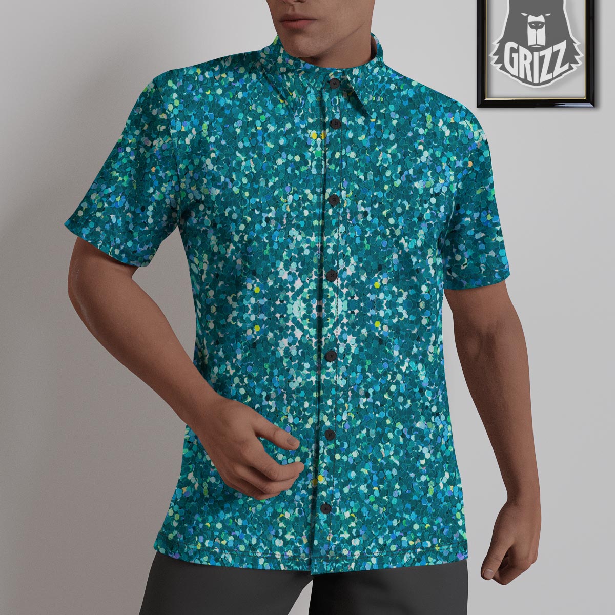 Artwork Teal Glitter Print Pattern Untucked Shirts-grizzshop