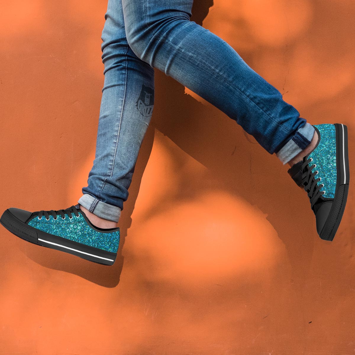 Artwork Teal Glitter Print Pattern White Low Top Shoes-grizzshop