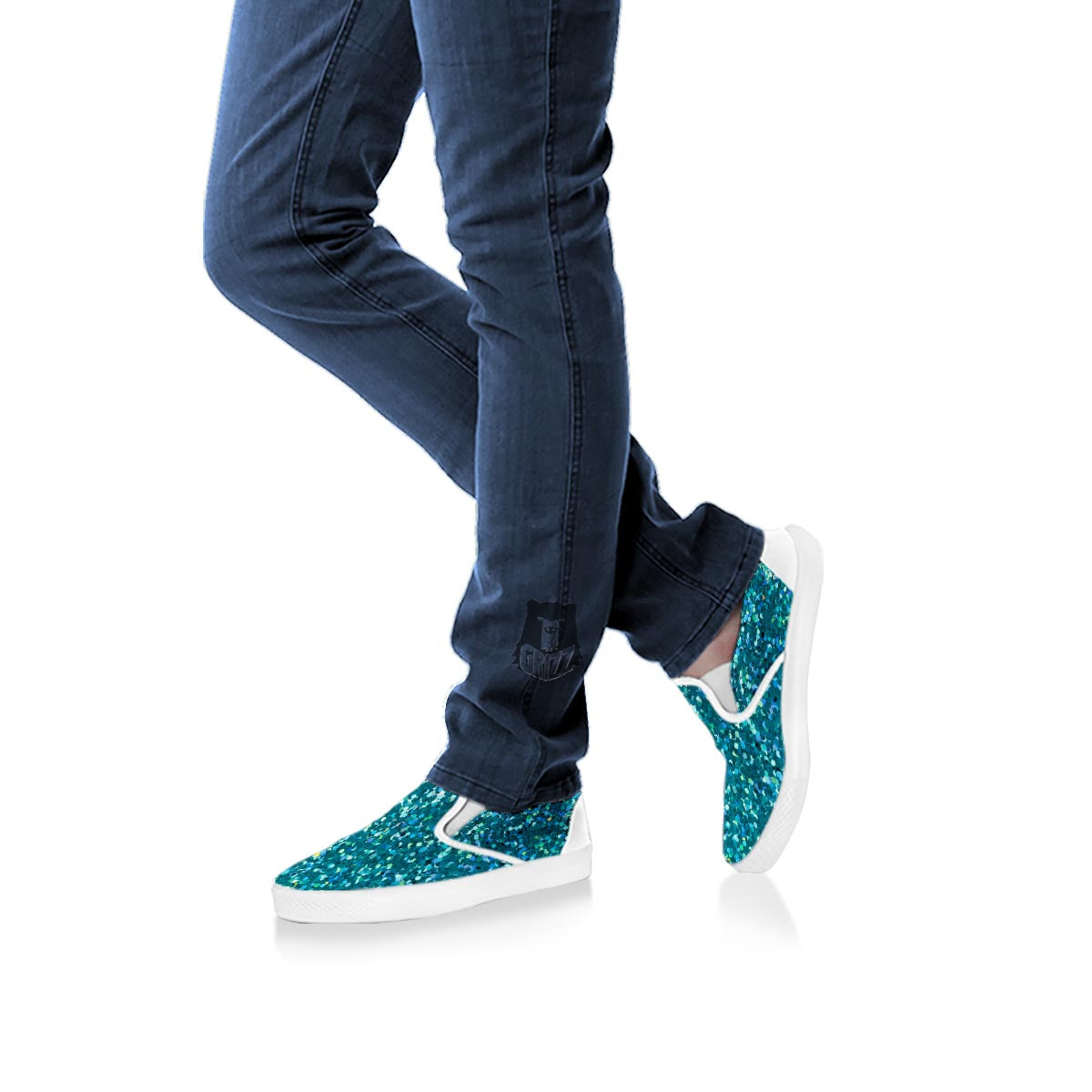 Artwork Teal Glitter Print Pattern White Slip On Shoes-grizzshop