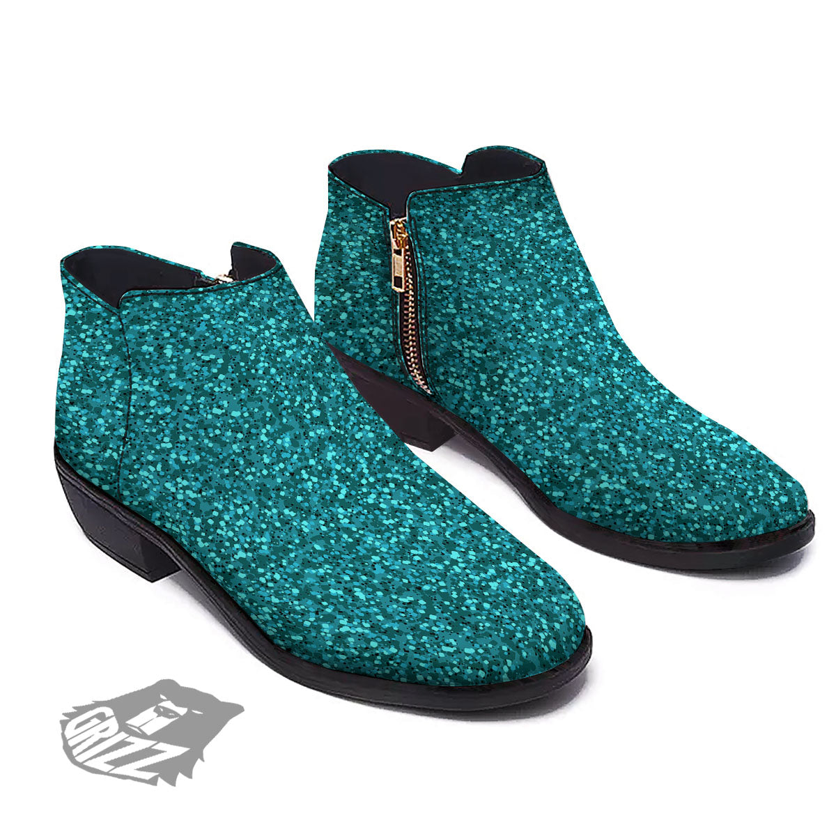Artwork Turquoise Glitter Print Pattern Ankle Boots-grizzshop