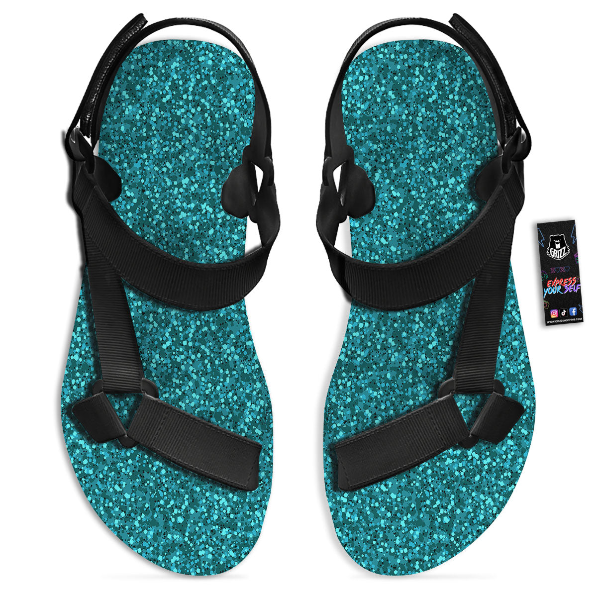 Artwork Turquoise Glitter Print Pattern Black Open Toe Sandals-grizzshop