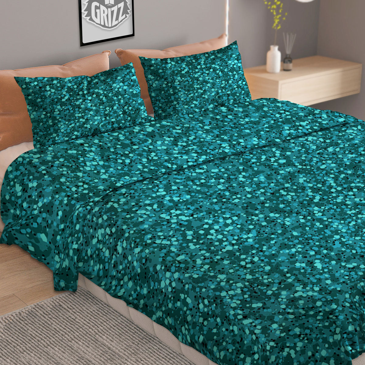 Artwork Turquoise Glitter Print Pattern Duvet Cover Bedding Set