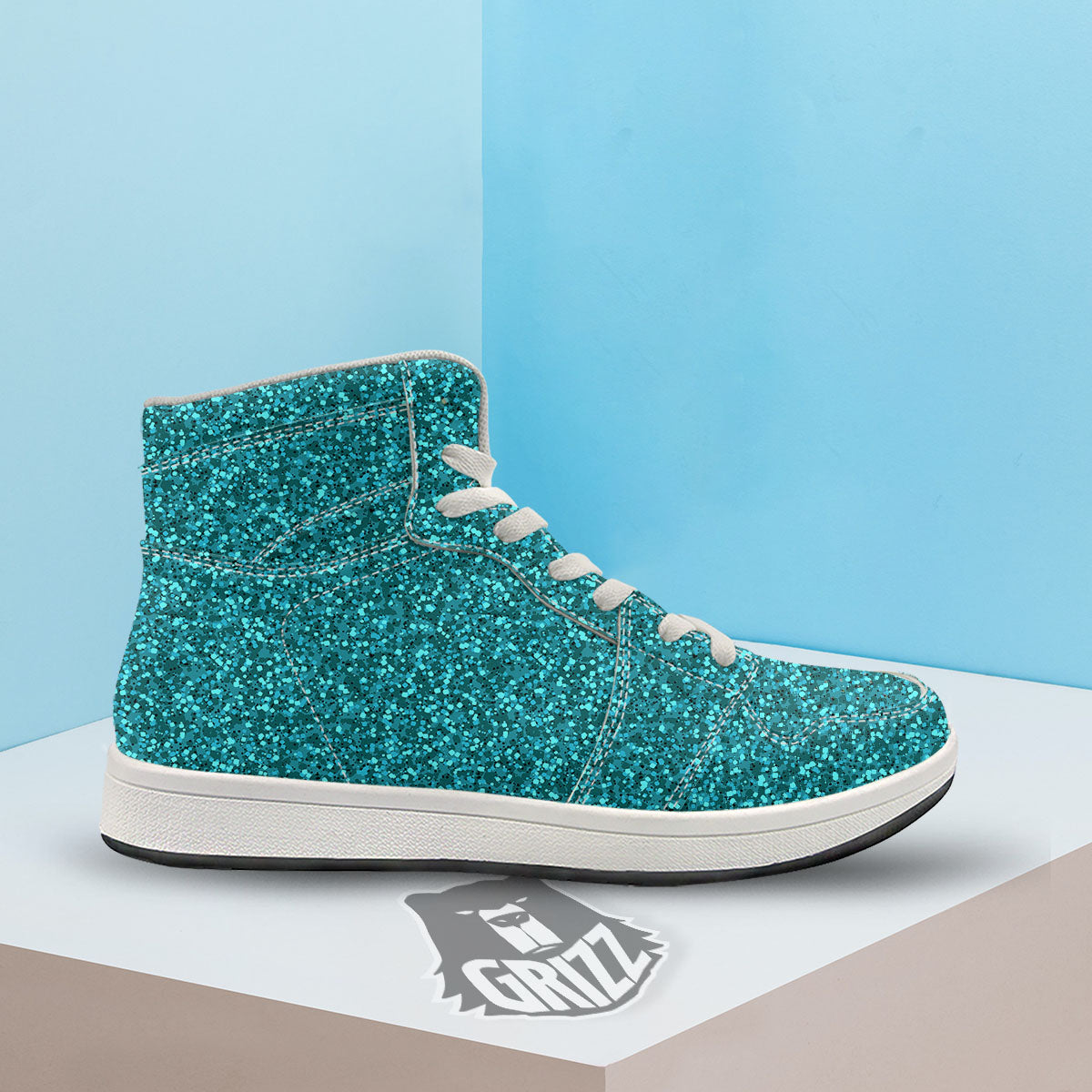 Artwork Turquoise Glitter Print Pattern High Top Sneakers-grizzshop