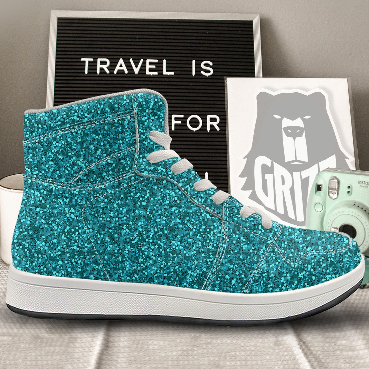 Artwork Turquoise Glitter Print Pattern High Top Sneakers-grizzshop