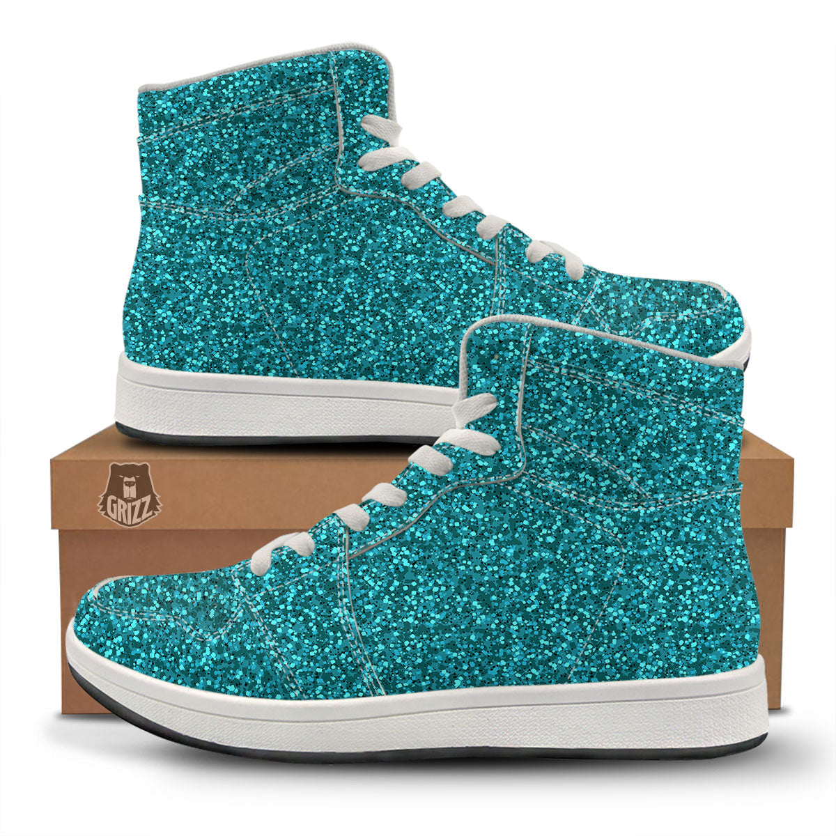 Artwork Turquoise Glitter Print Pattern High Top Sneakers-grizzshop