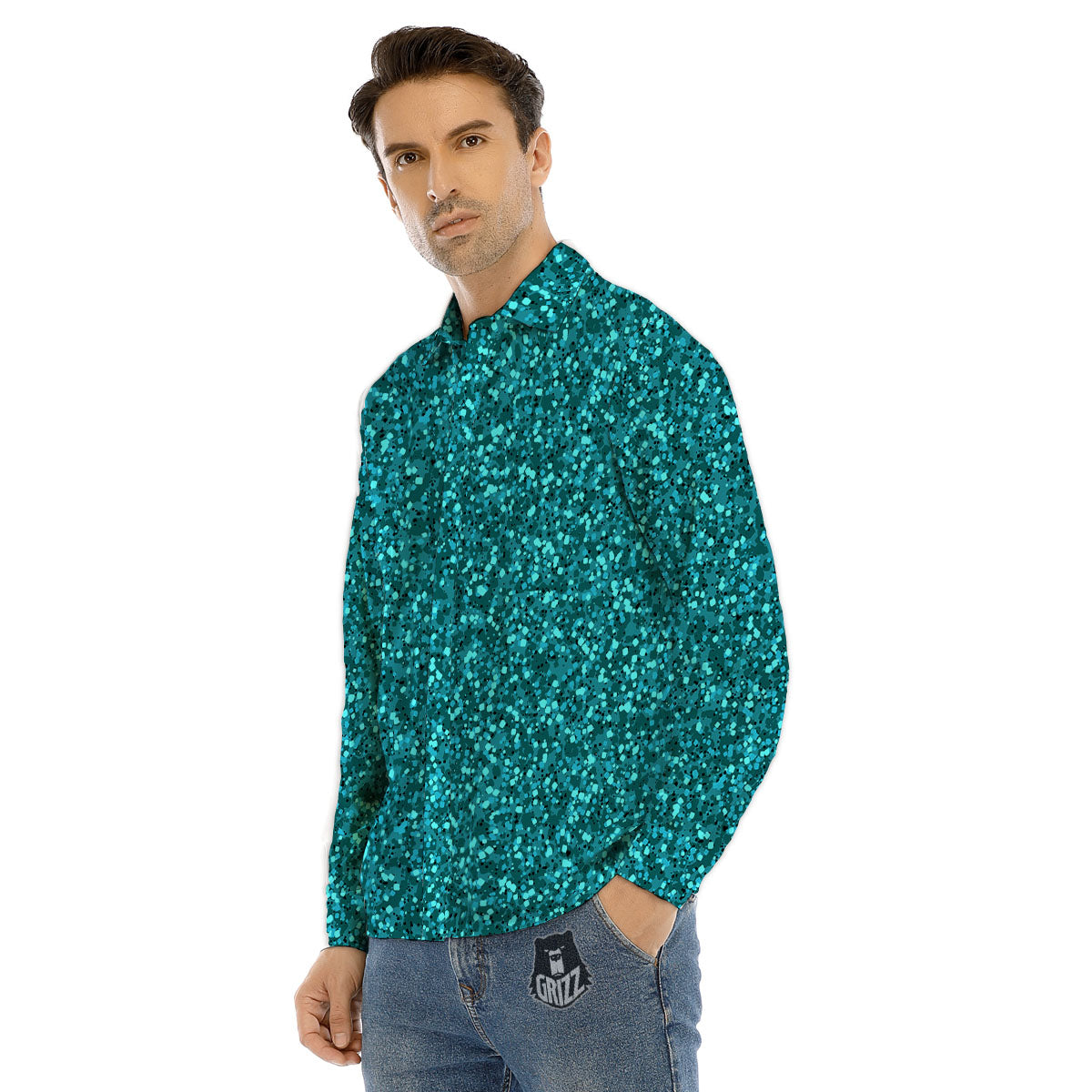 Artwork Turquoise Glitter Print Pattern Men's Dress Shirts-grizzshop