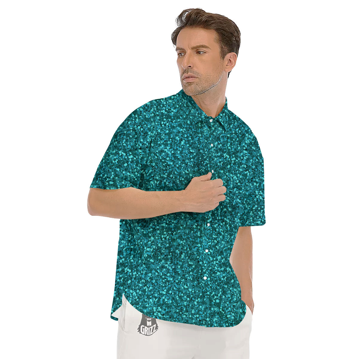 Artwork Turquoise Glitter Print Pattern Men's Short Sleeve Shirts-grizzshop