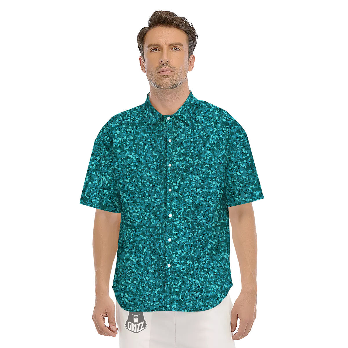 Artwork Turquoise Glitter Print Pattern Men's Short Sleeve Shirts-grizzshop