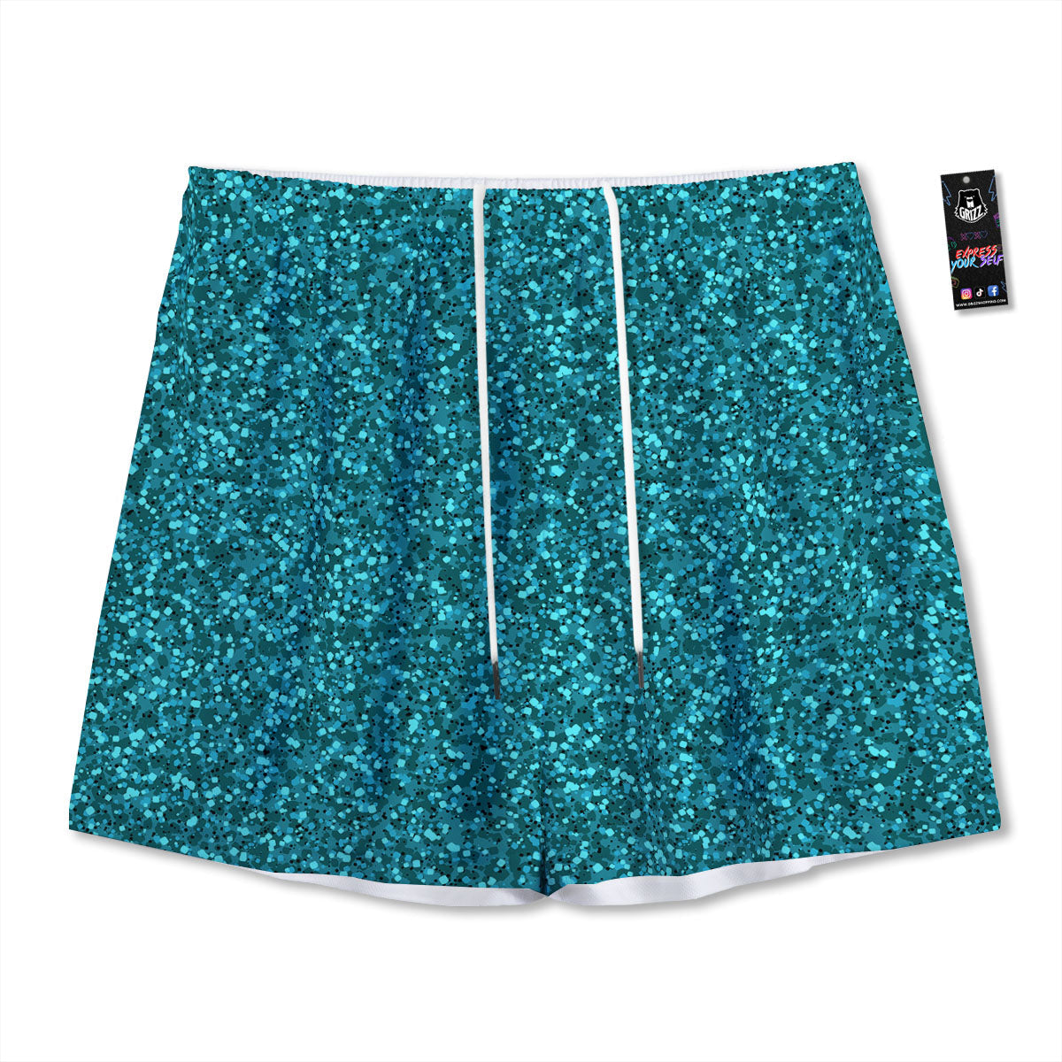 Artwork Turquoise Glitter Print Pattern Mesh Shorts