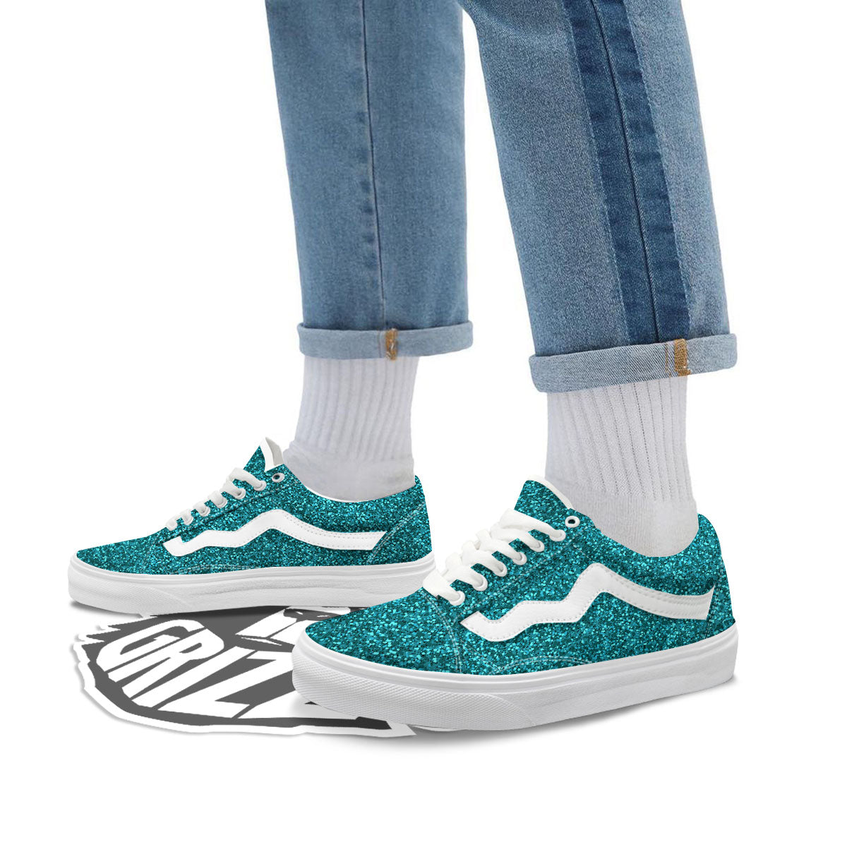 Artwork Turquoise Glitter Print Pattern Skate Shoes-grizzshop