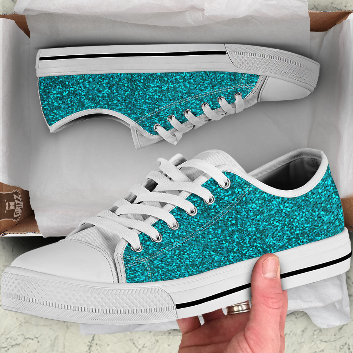 Artwork Turquoise Glitter Print Pattern White Low Top Shoes-grizzshop