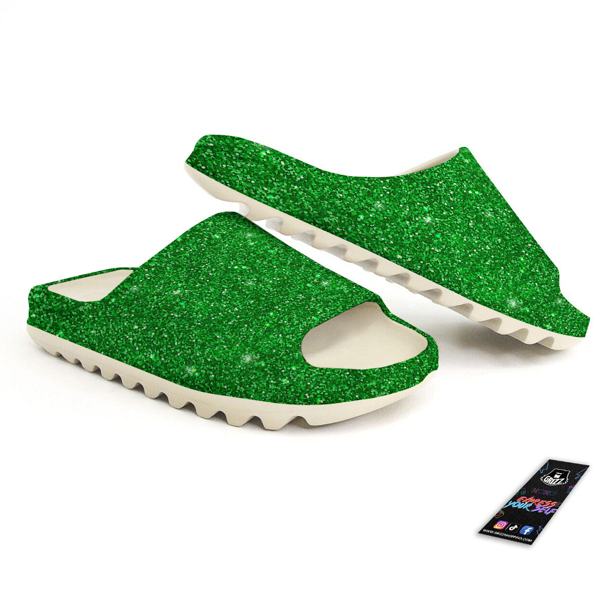 Artwork Glitter Green Print Sandals-grizzshop