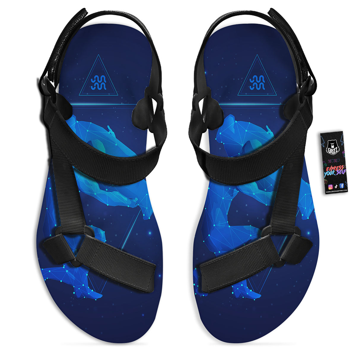 Astrological And Aquarius Signs Print Black Open Toe Sandals-grizzshop