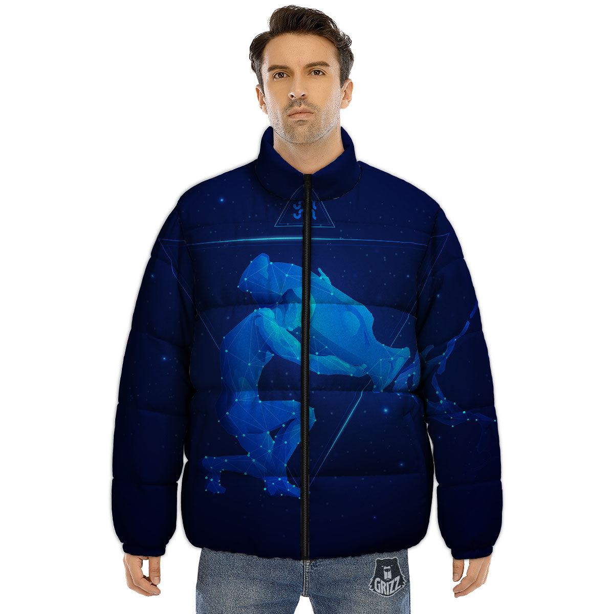 Astrological And Aquarius Signs Print Puffer Jacket-grizzshop