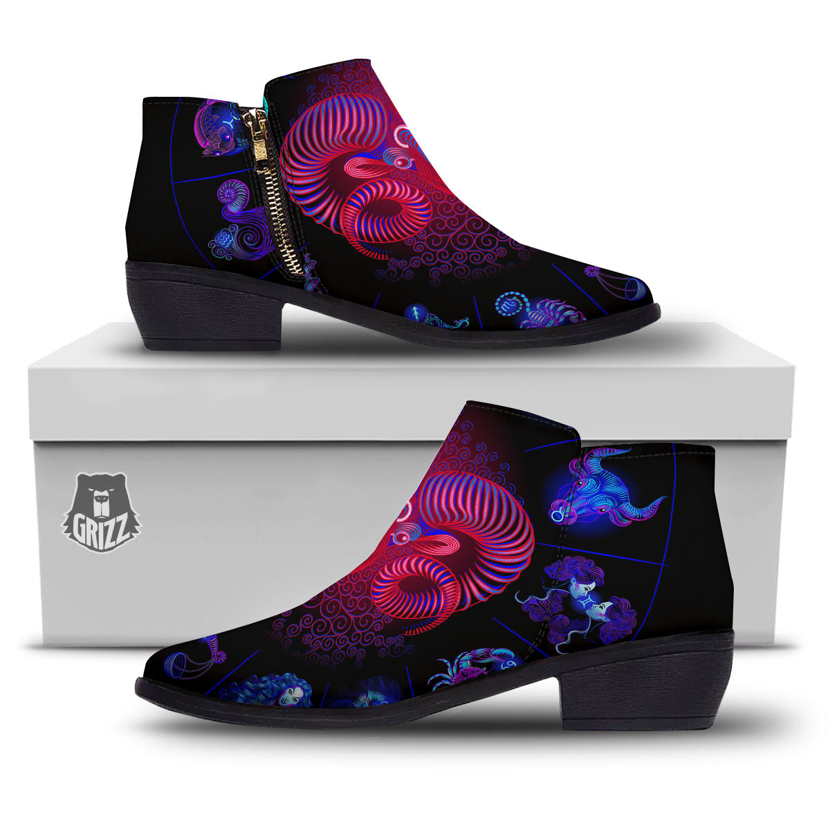 Astrological And Aries Signs Print Ankle Boots-grizzshop