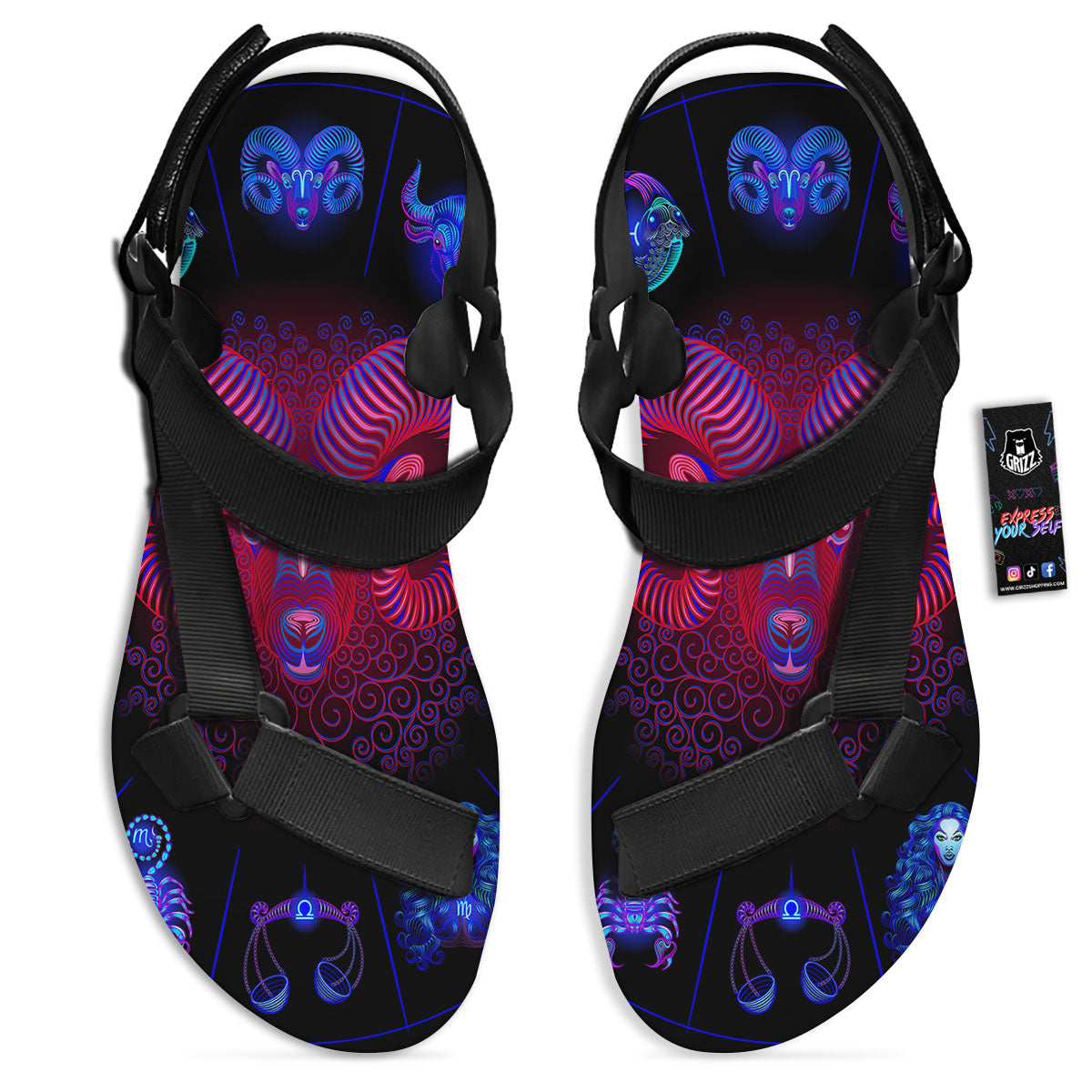 Astrological And Aries Signs Print Black Open Toe Sandals-grizzshop