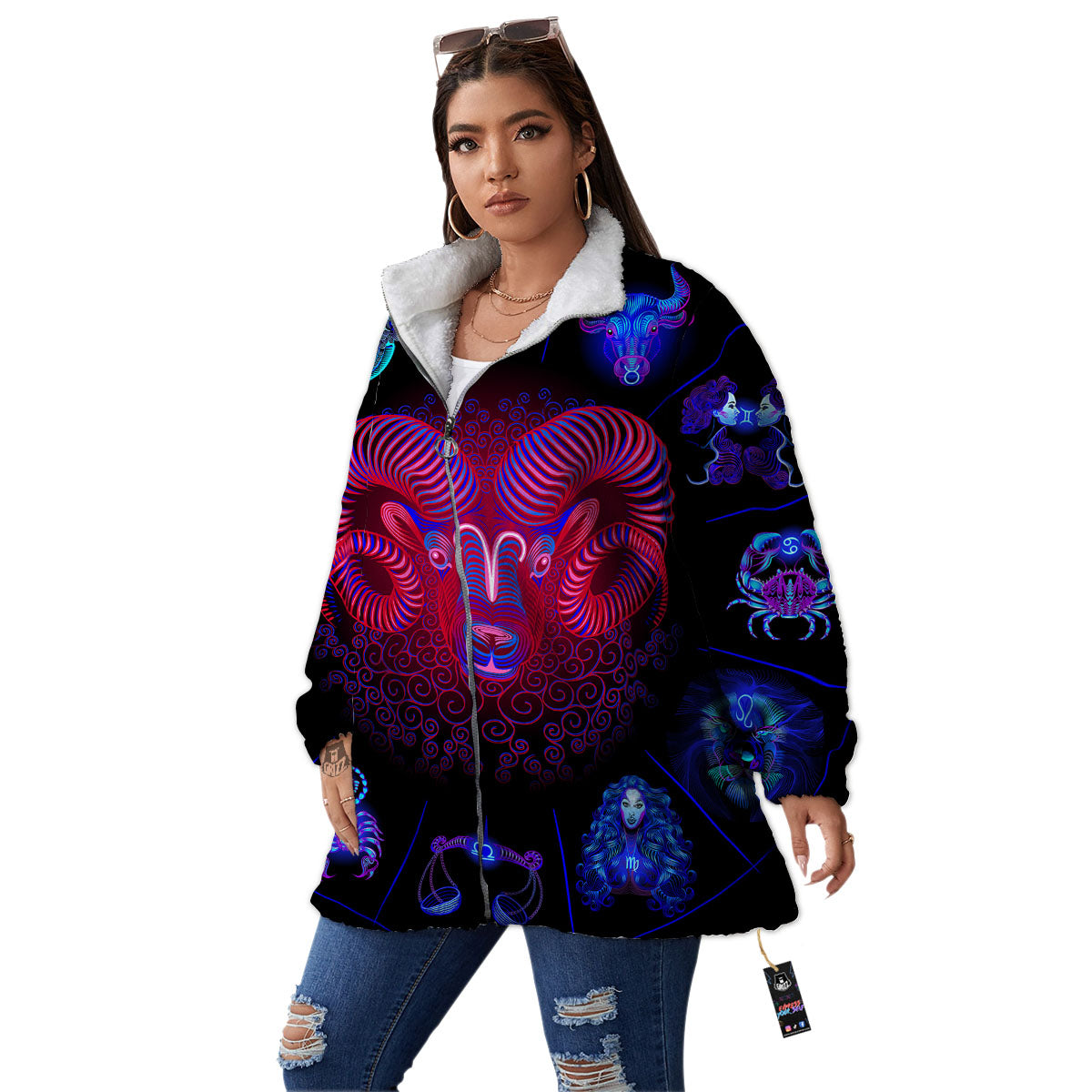 Astrological And Aries Signs Print Women's Sherpa Jacket-grizzshop
