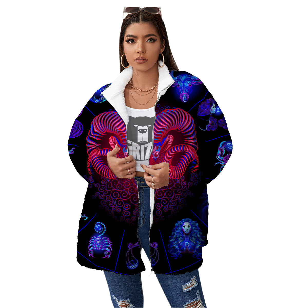Astrological And Aries Signs Print Women's Sherpa Jacket-grizzshop