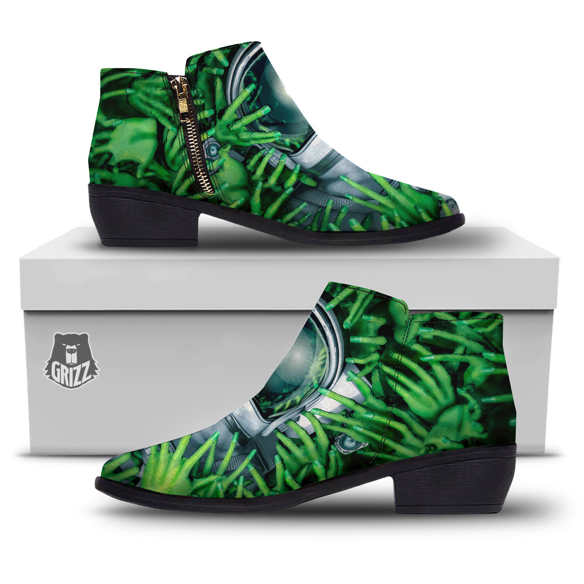 Astronaut And Alien Sci Fi Print Ankle Boots-grizzshop
