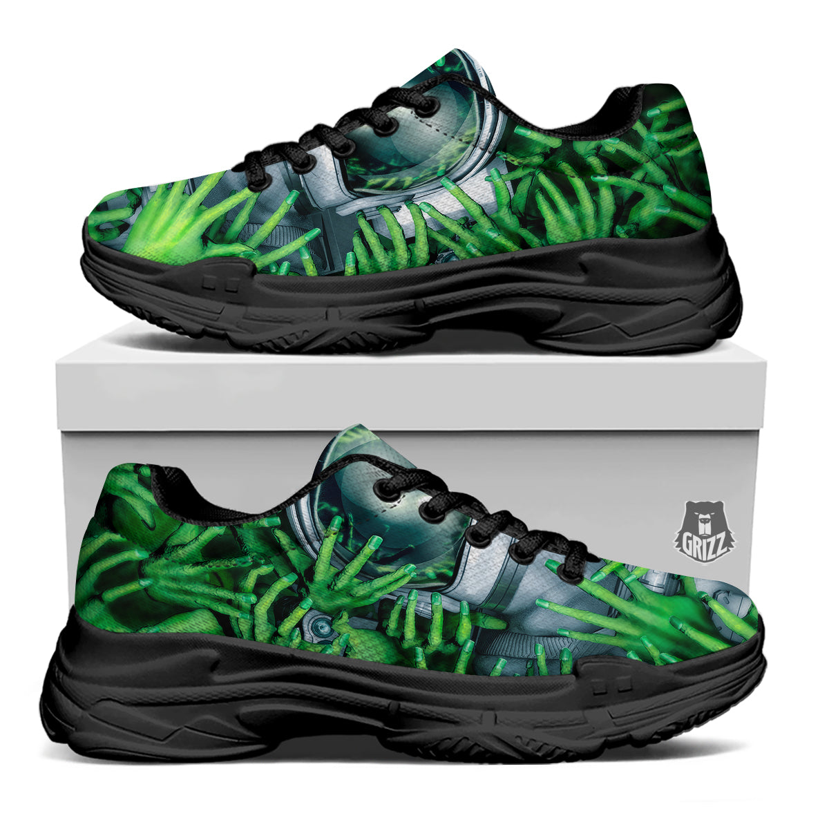 Astronaut And Alien Sci Fi Print Black Chunky Shoes-grizzshop