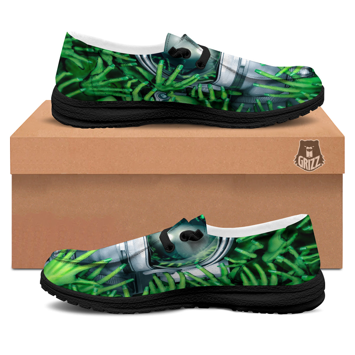 Astronaut And Alien Sci Fi Print Black Loafers-grizzshop