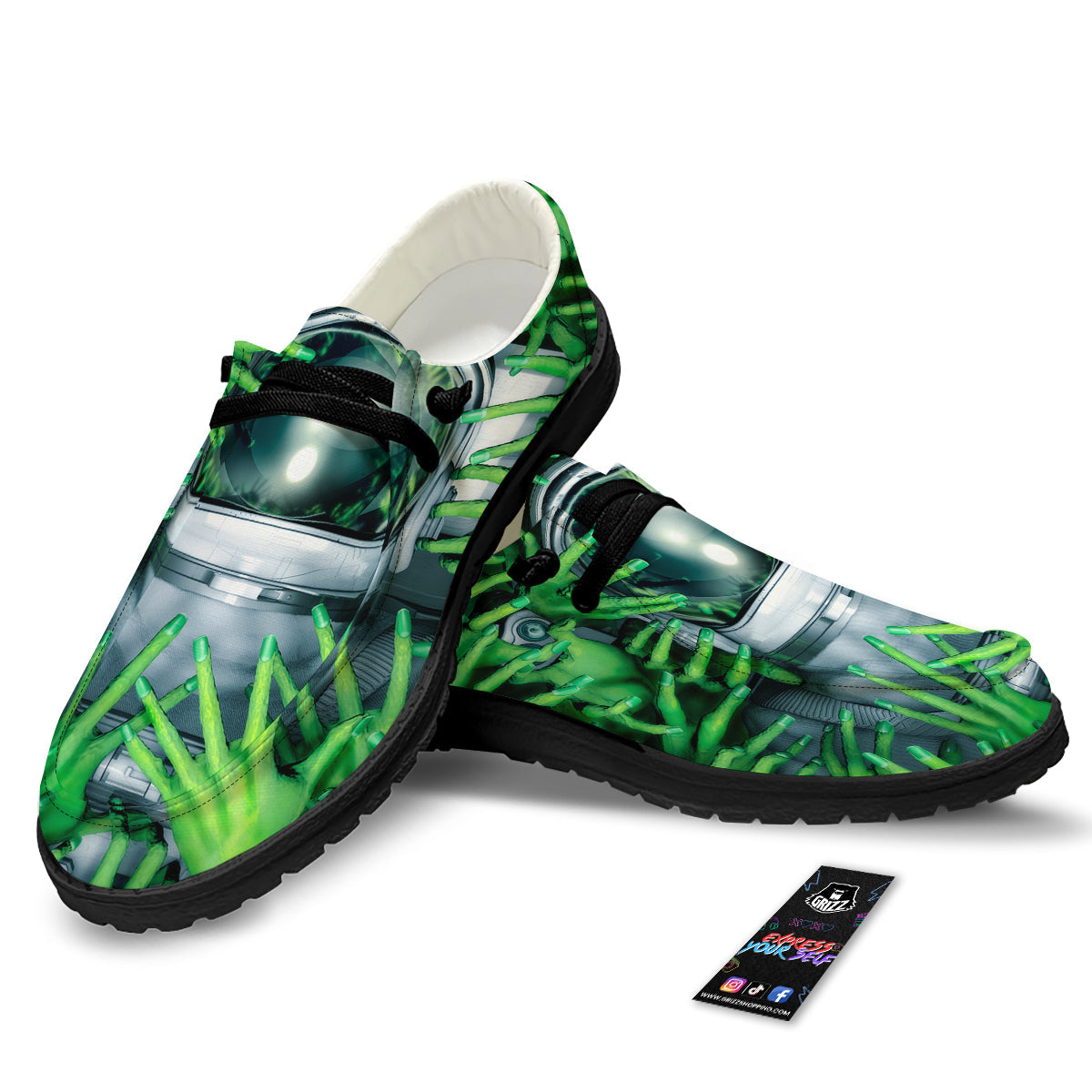 Astronaut And Alien Sci Fi Print Black Loafers-grizzshop