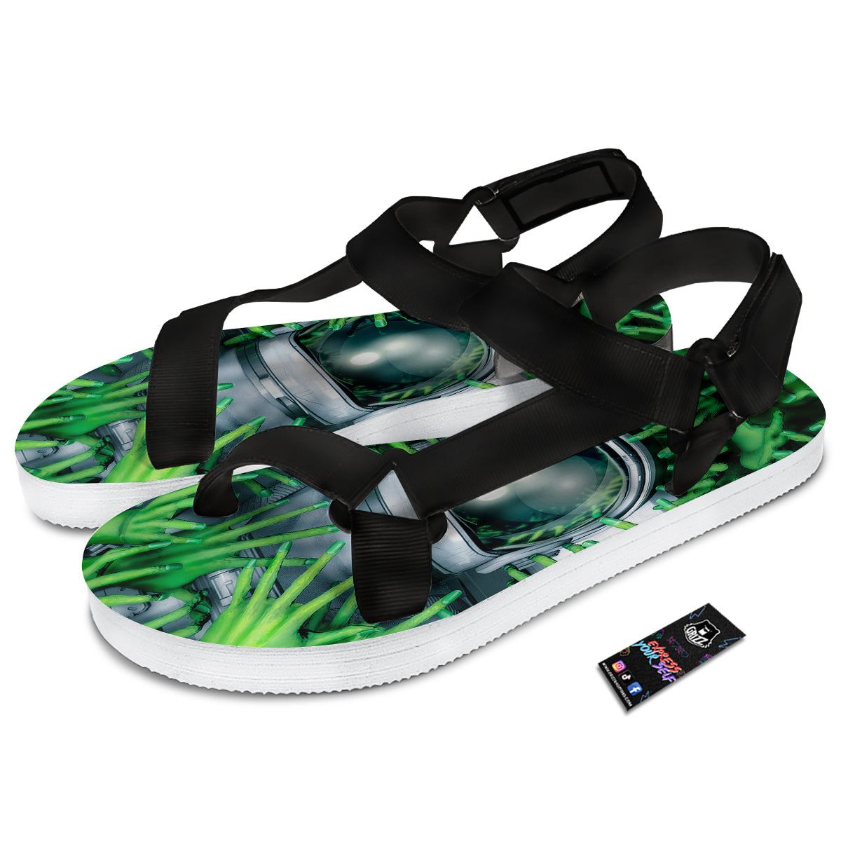 Astronaut And Alien Sci Fi Print Black Open Toe Sandals-grizzshop