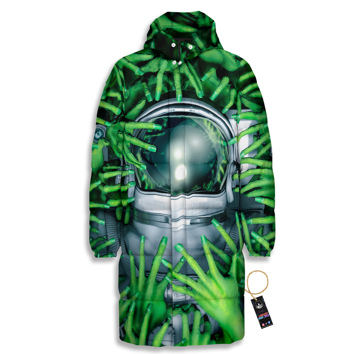 Astronaut And Alien Sci Fi Print Long Down Jacket-grizzshop