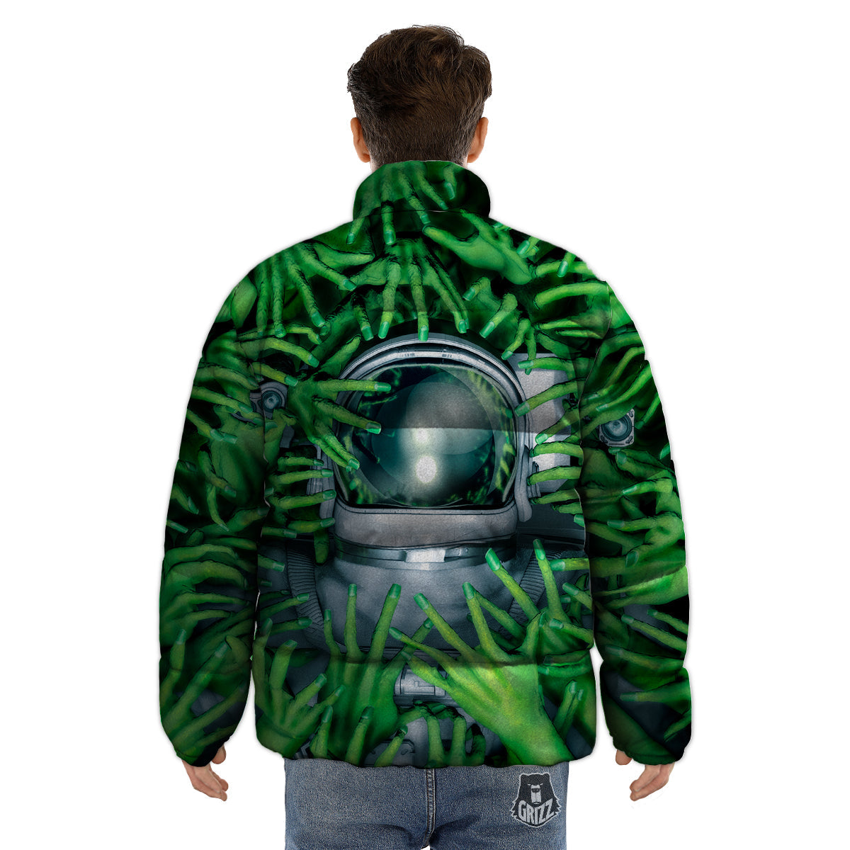 Astronaut And Alien Sci Fi Print Puffer Jacket-grizzshop