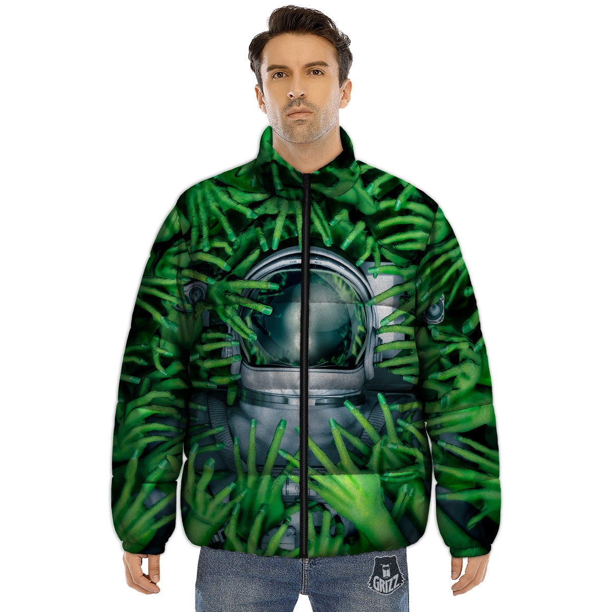 Astronaut And Alien Sci Fi Print Puffer Jacket-grizzshop