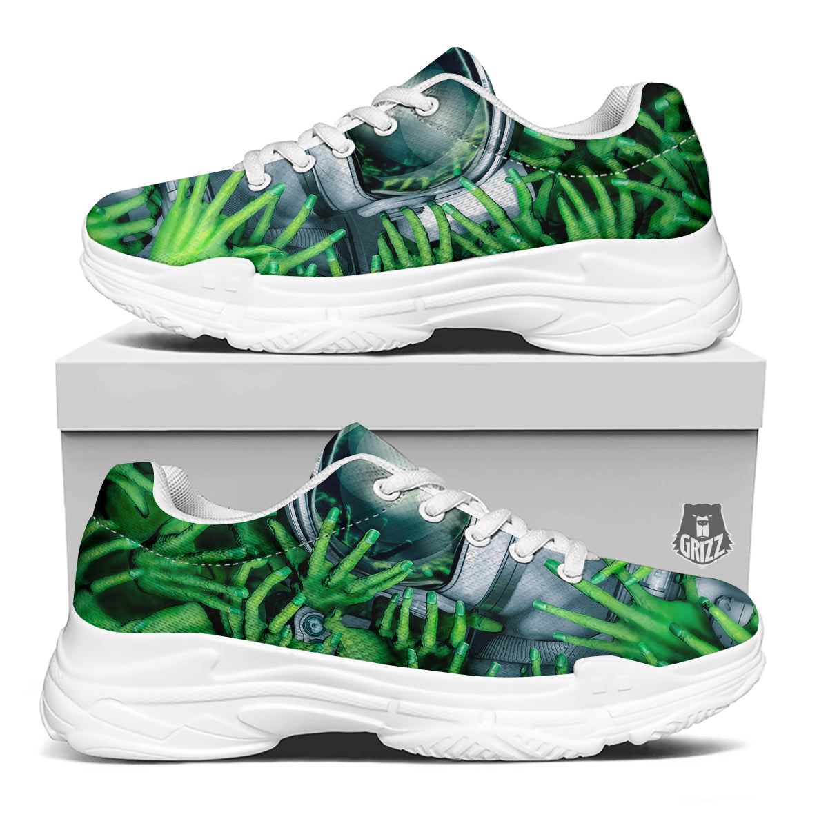 Astronaut And Alien Sci Fi Print White Chunky Shoes-grizzshop
