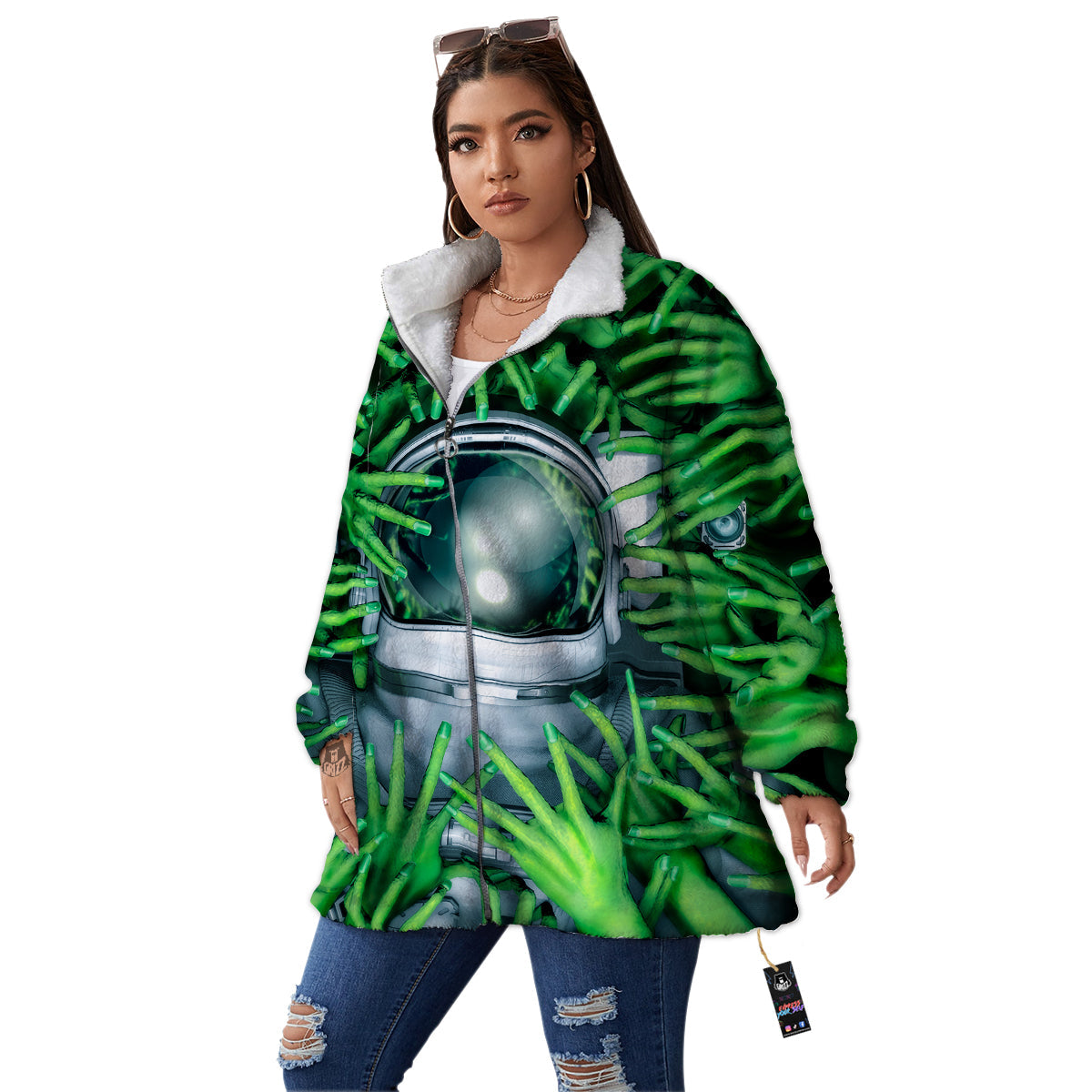 Astronaut And Alien Sci Fi Print Women's Sherpa Jacket-grizzshop