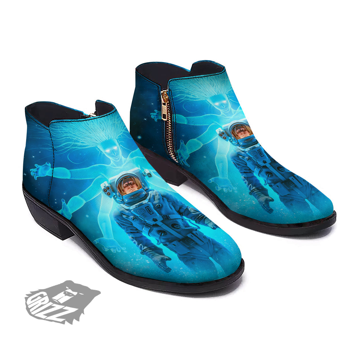 Astronaut And Female Alien Print Ankle Boots-grizzshop