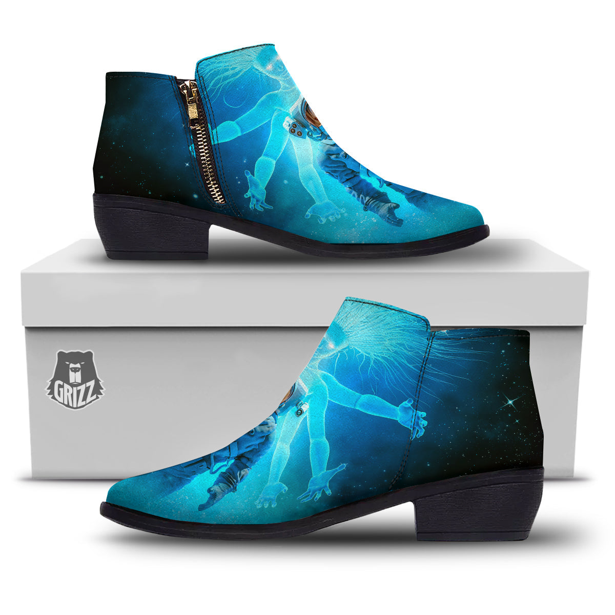 Astronaut And Female Alien Print Ankle Boots-grizzshop