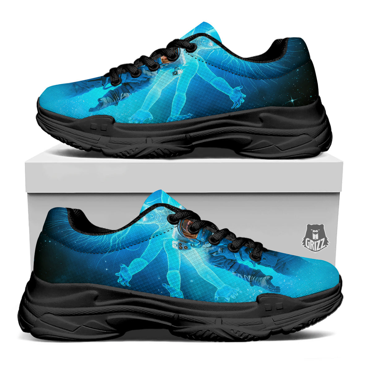 Astronaut And Female Alien Print Black Chunky Shoes-grizzshop