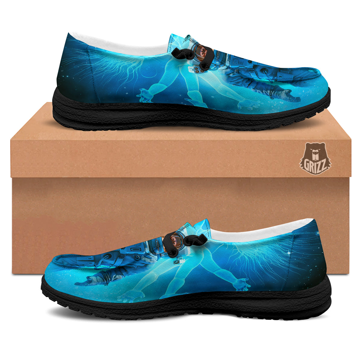Astronaut And Female Alien Print Black Loafers-grizzshop