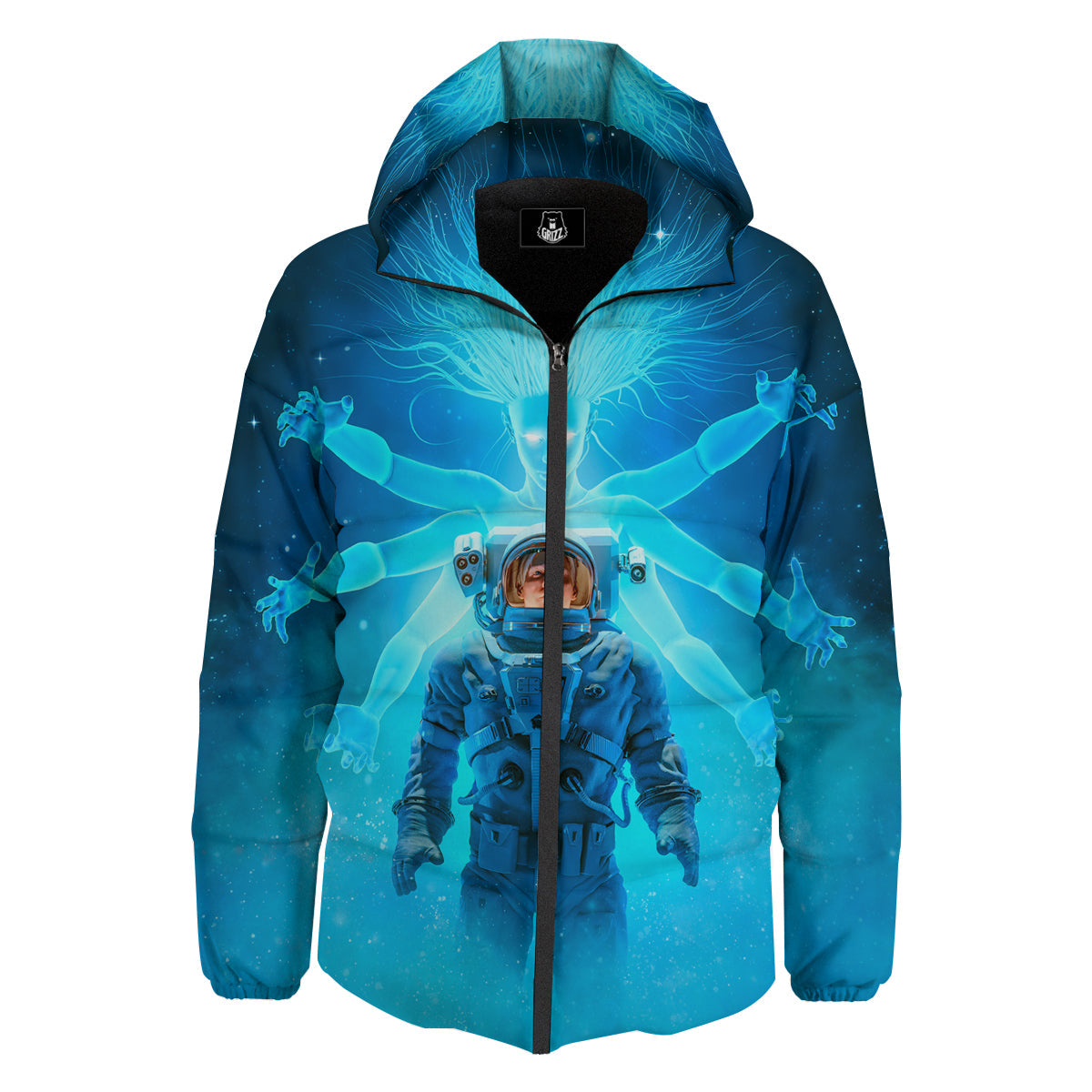 Astronaut And Female Alien Print Down Jacket-grizzshop