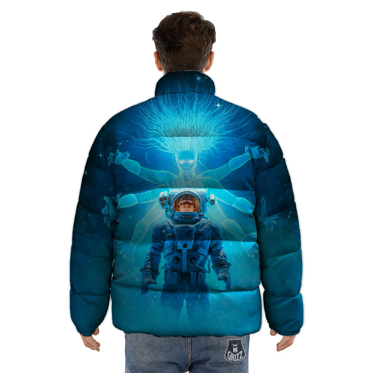 Astronaut And Female Alien Print Puffer Jacket-grizzshop