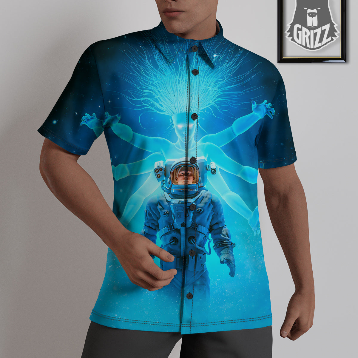 Astronaut And Female Alien Print Untucked Shirts-grizzshop