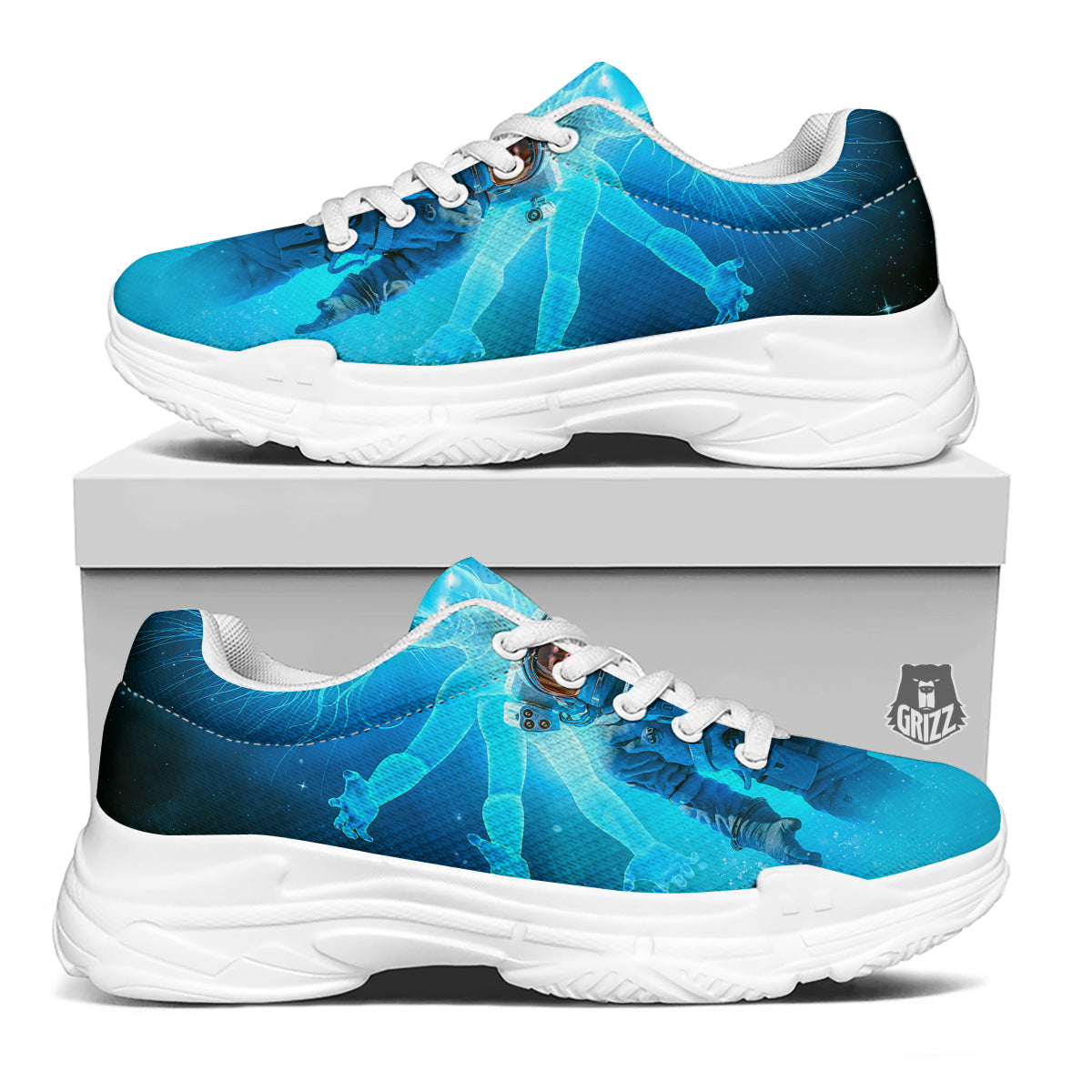 Astronaut And Female Alien Print White Chunky Shoes-grizzshop