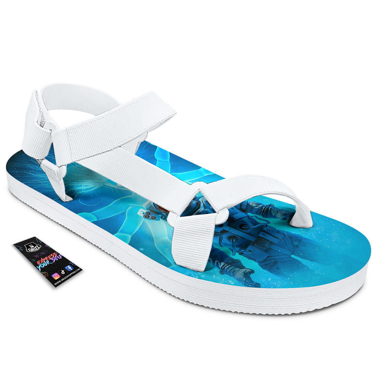Astronaut And Female Alien Print White Open Toe Sandals-grizzshop