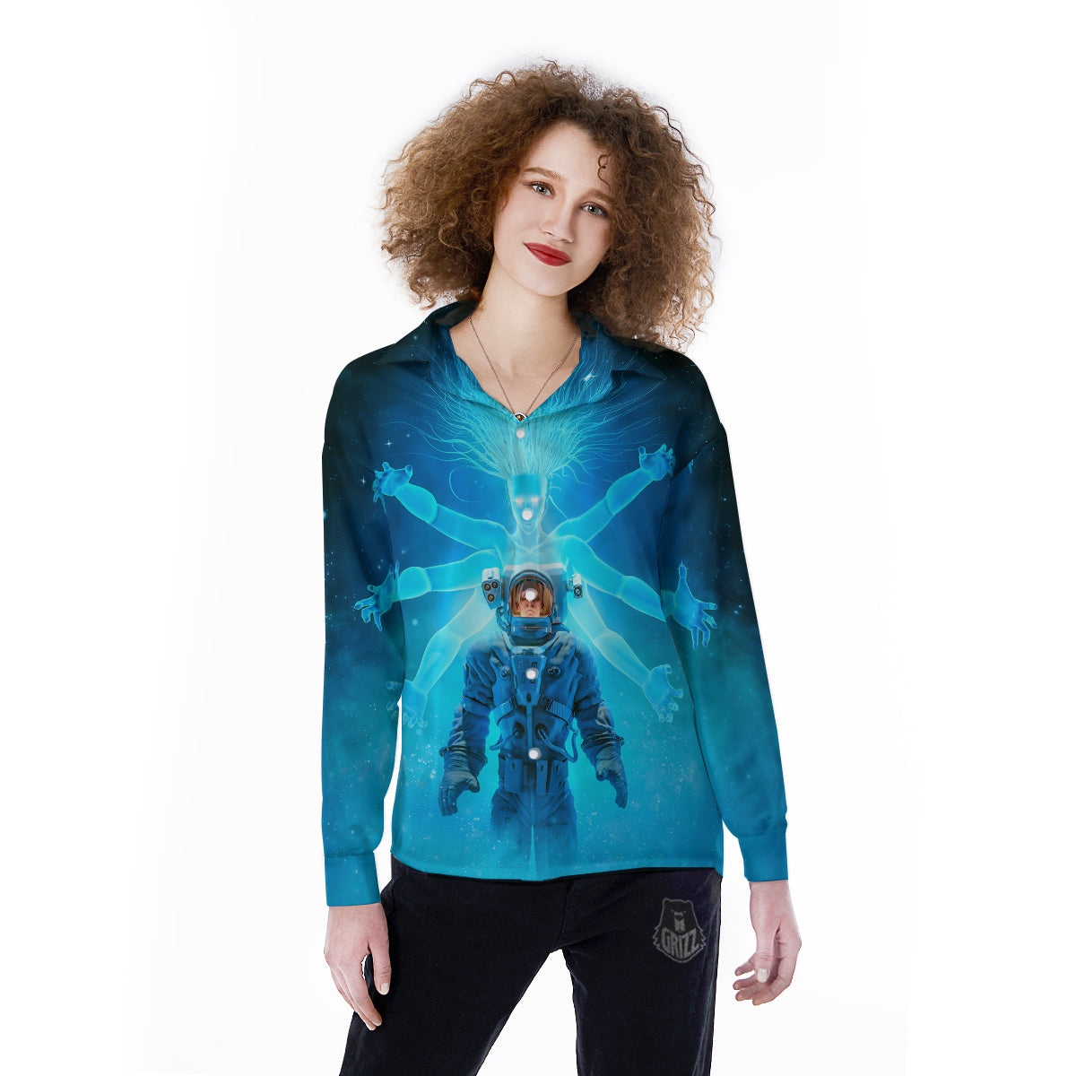 Astronaut And Female Alien Print Women's Long Sleeve Shirts-grizzshop