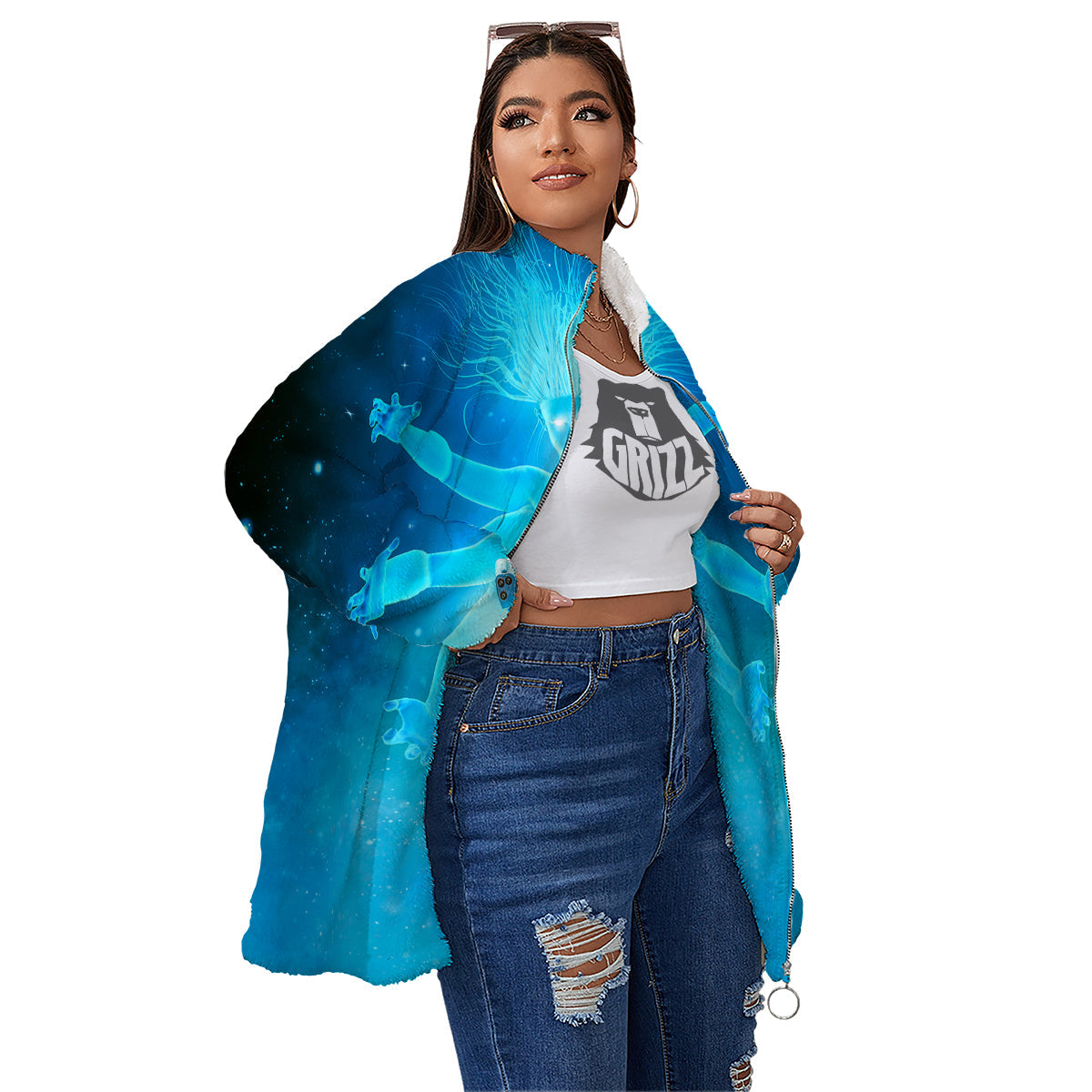 Astronaut And Female Alien Print Women's Sherpa Jacket-grizzshop