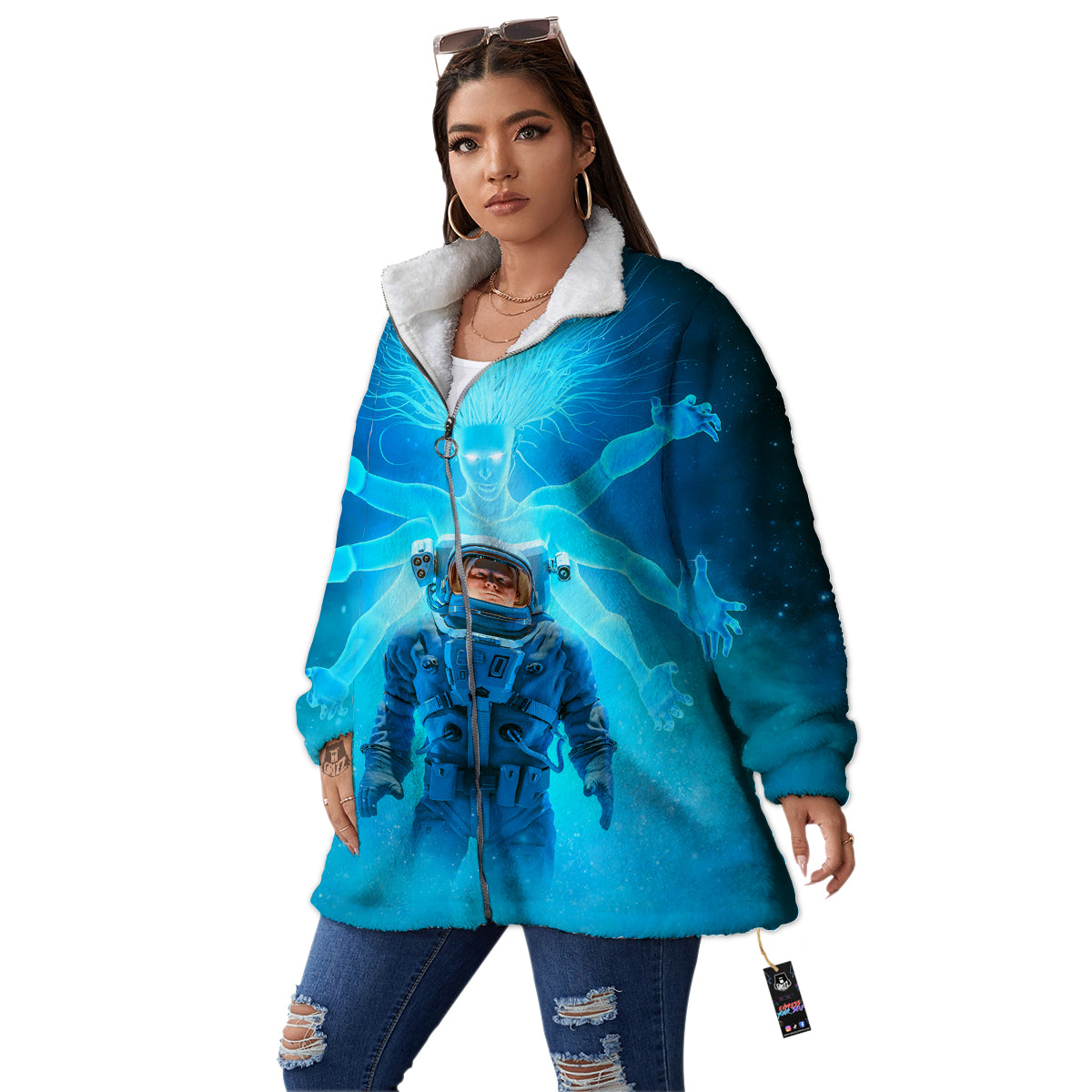 Astronaut And Female Alien Print Women's Sherpa Jacket-grizzshop