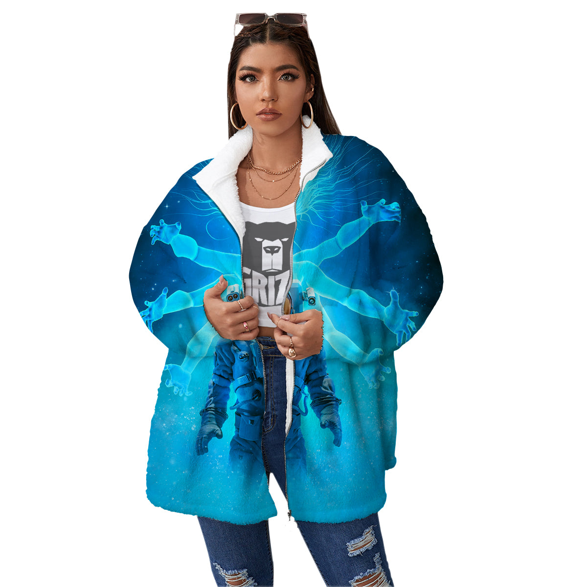 Astronaut And Female Alien Print Women's Sherpa Jacket-grizzshop